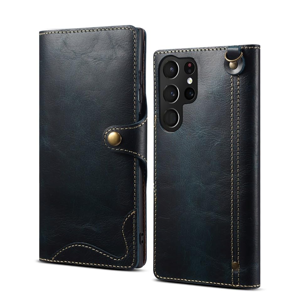 Étui Samsung Galaxy S22 Plus en cuir véritable bleu, dites adieu aux rayures