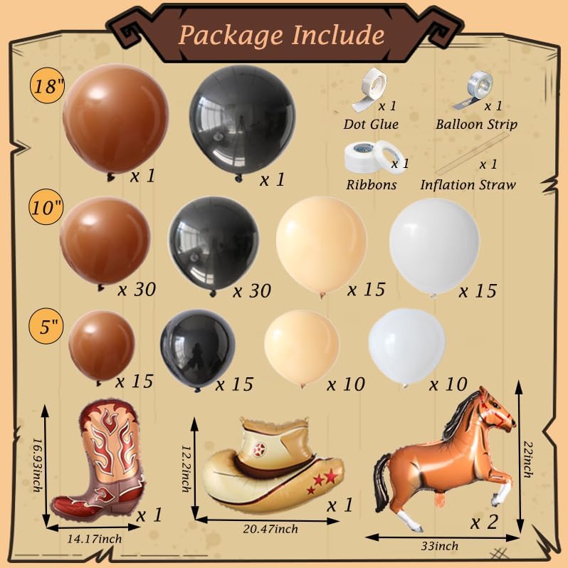 Image of 150Pcs Western Cowboy Balloon Garland Arch Kit, Black Brown White Balloons With Cowboy Boot Hat Horse Foil Balloons for Western Cowboy Farm Wild West Baby Shower Birthday Party Decorations