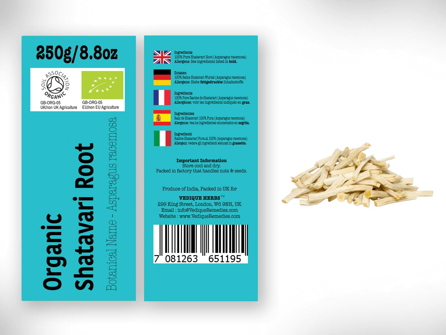 VEDIQUE HERBS Bio-Shatavariwurzel (Spargel-Racemosa) – 250 g | roh, roh, getrocknet, T-Cut | Premium-Qualität