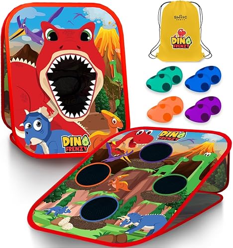 Swooc Games - Dino Frenzy  Juegos de Corn Hole 2 en 1 para niños  Configuración de 5 segundos  Juego de lanzamiento de sacos de dinosaurio para