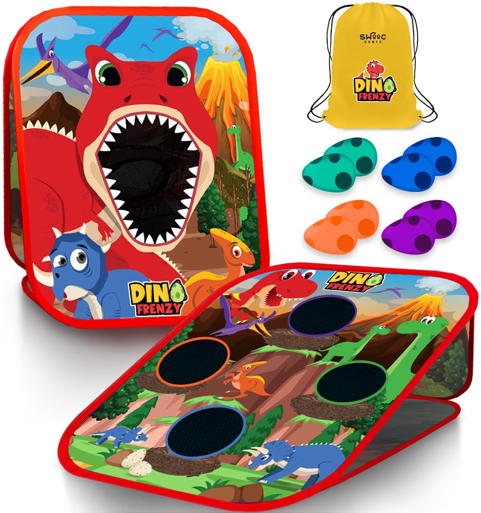 Swooc Games® - Dino Frenzy | 2-in-1 Corn Hole Games for Kids | 5-Second Setup | Dinosaur Bean Bag Toss Game for Kids | Kid Cornhole Game Set | Outside Bean Bags Kid Tossing | Dino Party Games