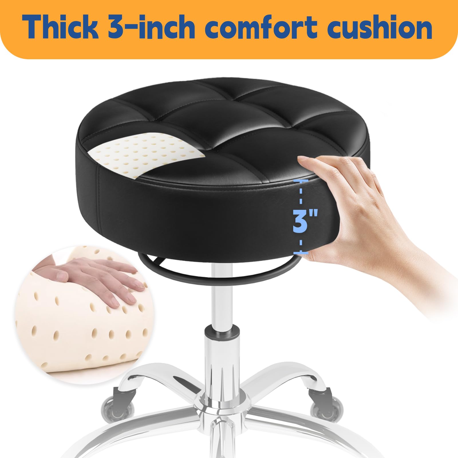 Rolling Stool Heavy Duty 400lb: Super Soft Seat Cushion,360° Swive,Height Adjustable,No Squeaky Noises,No Tip Over,New Upgraded Stool Salon Stool Chair, Tattoo Facial Massage Spa Medical Stool