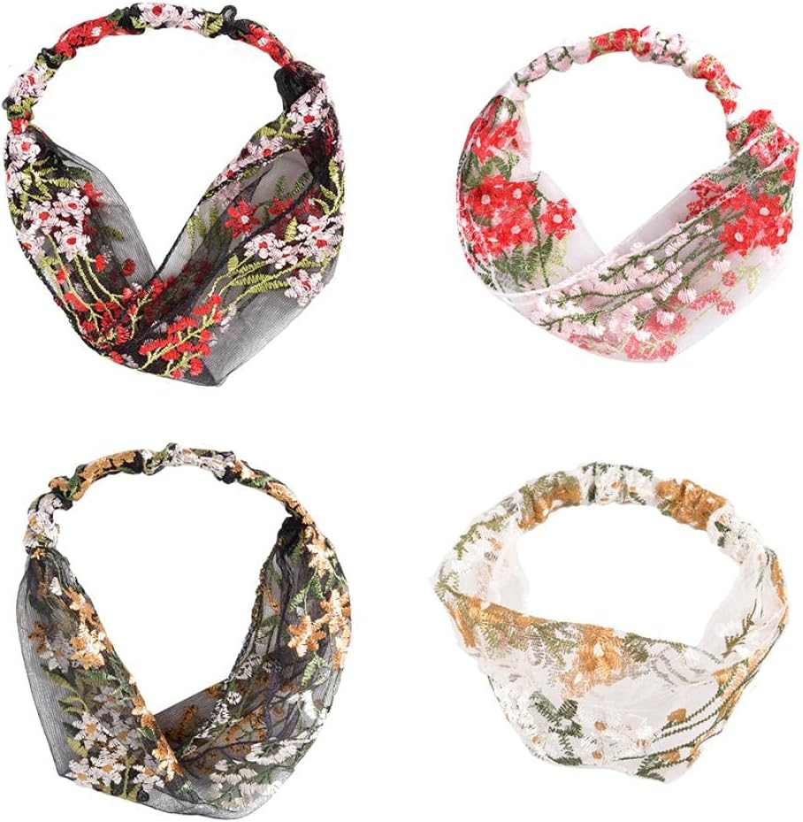 Hairbands Women 4Pcs HandEmbroidered WideBrimmed Lace Elastic Cross Hairband Headband Headband For Ladies