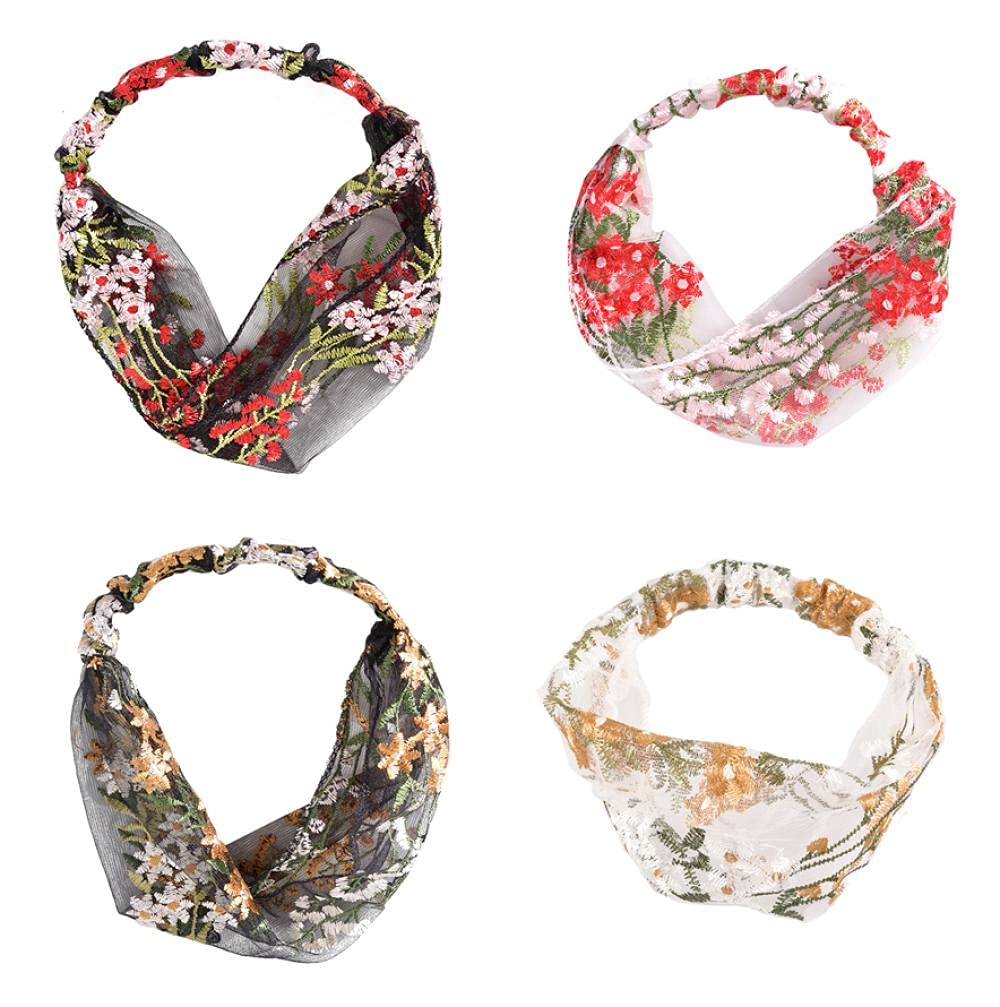Hairbands Women 4Pcs HandEmbroidered WideBrimmed Lace Elastic Cross Hairband Headband Headband For Ladies