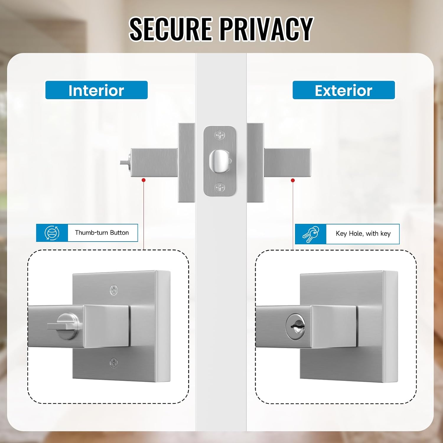 HOSOM 1 Pack Entry Door Exterior Handle with Lock and Key Square Lever image 4