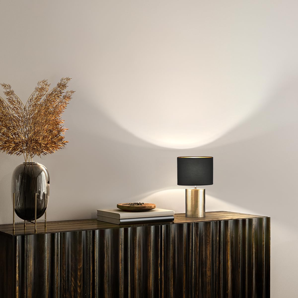 Fischer & Honsel Lampada da tavolo, bronzo antico, paralume in tessuto, nero, chintz/interno dorato, altezza: 35,00 cm, diametro: 20,00 cm, con interruttore a cavo, 1 lampadina E14, max. 25 Watt,