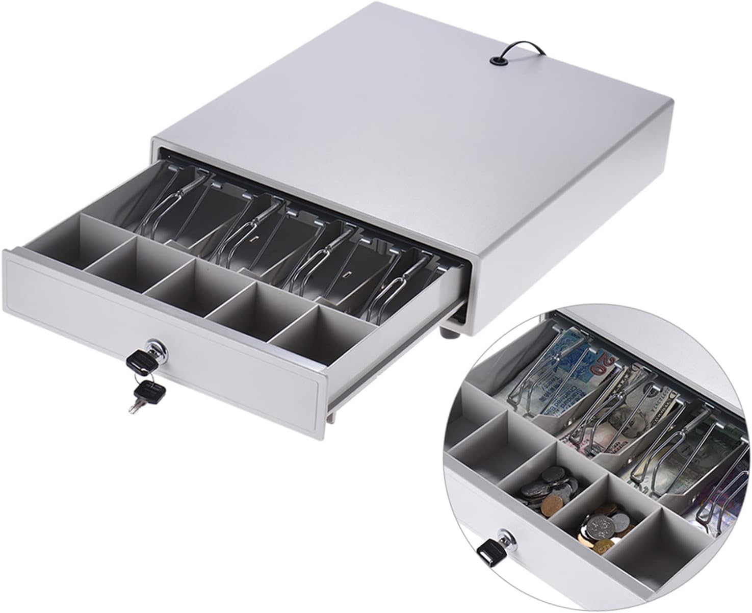 Irfora 330 Electronic Cash Drawer open, showing organized bills and coins in trays.