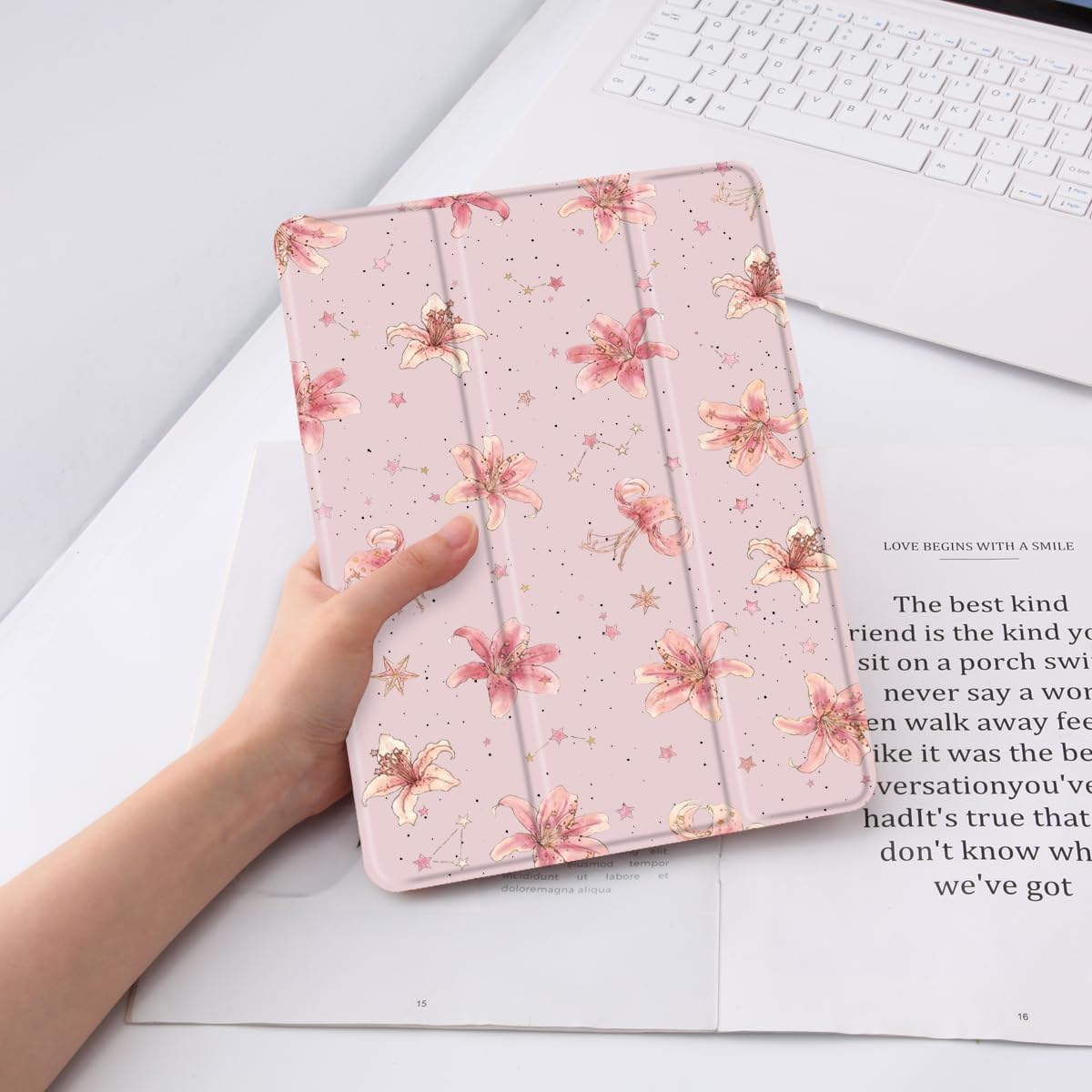 Cute Lily Flower Case for iPad (A16) 11th Generation 2025 11"/ iPad 10th Generation 2022 10.9" Aesthetic Polka Dot Leather Protective Case Trifold Soft Back Cover with Pencil Holder