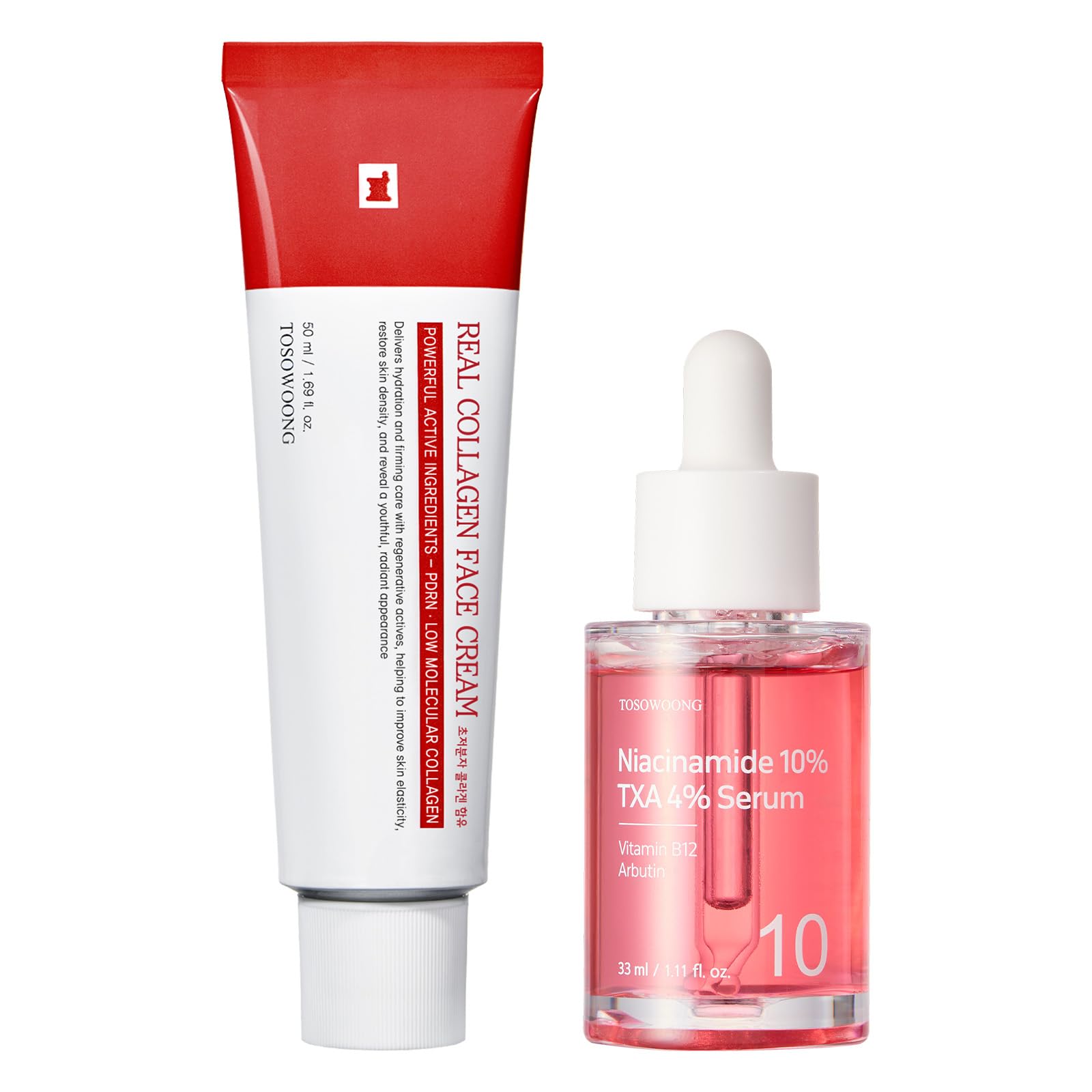 TOSOWOONG Duo Éclat et Fermeté : Sérum Niacinamide 10% Acide Tranexamique 4% & Crème Visage Real Collagen pour une Peau Jeune et Éclatante