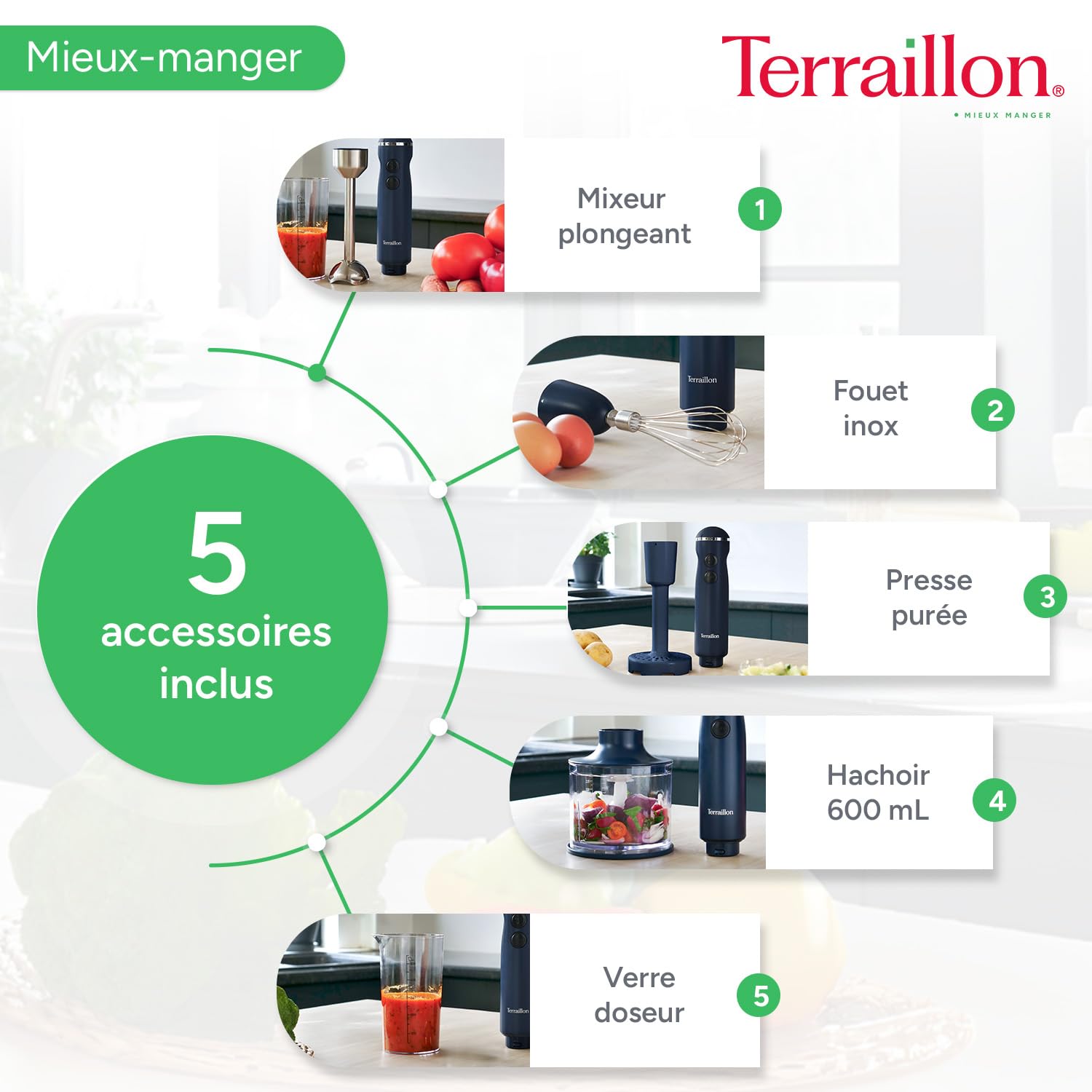TERRAILLON - NEW MOON- Mixeur plongeant Electrique, Lames Inox, Fonction Turbo, 1000W, VItesse variable, Gobelet doseur, fouet inox, Hachoir 600 ml, Presse purée, Corps Inox peint, Bleu