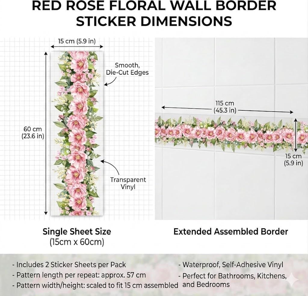 Vine Wall Stickers Yellow Flower Wall Decals Border, Peel and Stick Floral Wall Decor for Living Room Bedroom Window Glass, Waterproof Removable Vinyl Wall Stickers, Pink Flower image 4