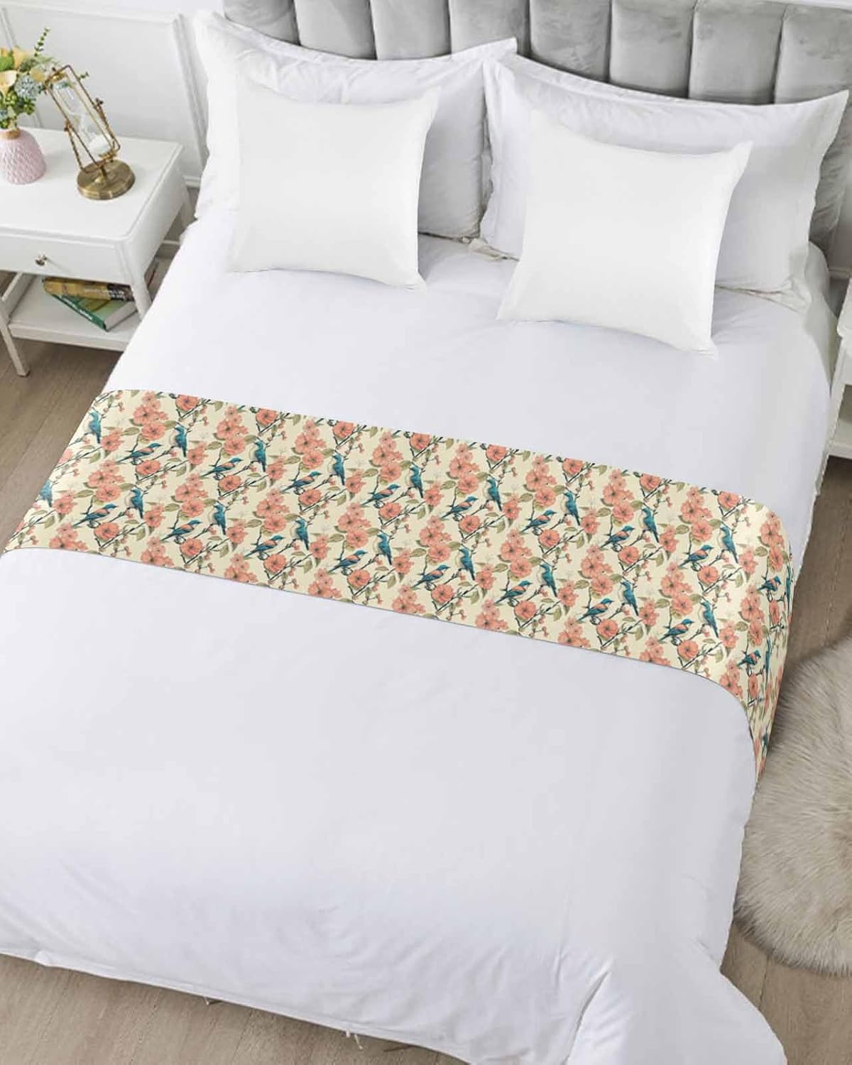 102"x20" Bed Runners Scarf, Blue Bird on Pastoral Floral Branches Hotel Bedding Runner Luxury Soft Bed Scarves, Pink Blossom Flowers Accent Bedding Scarf for Bedroom Wedding Room Guesthouse