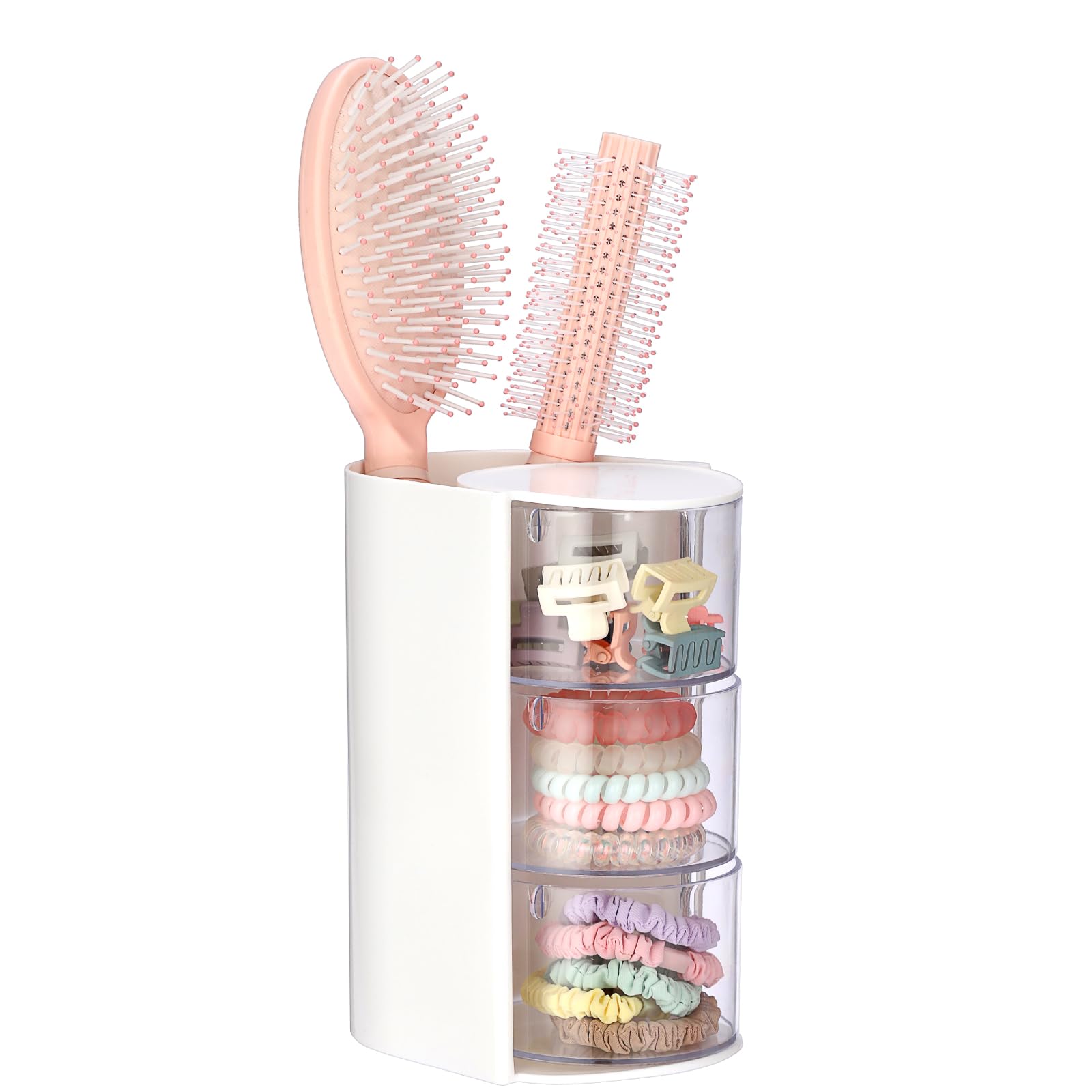 Organizzatore rotante per accessori con porta pettine, in plastica, contenitore per cosmetici, per pennelli da trucco, 3 strati, bianco
