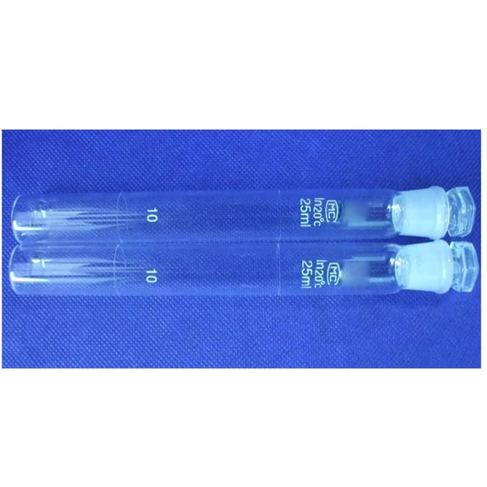 Cristalería de Laboratorio Lote de 12 cubetas de vidrio de 25 ml graduadas con tapón y fondo plano.