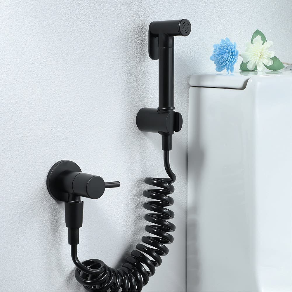 Kit de pulverizador de bidé de mano, soporte de mano de latón para inodoros con manguera extendida de 1.5 m, adaptador de válvulas y soporte de pared conjuntos de gancho de soporte de pared, negro sin