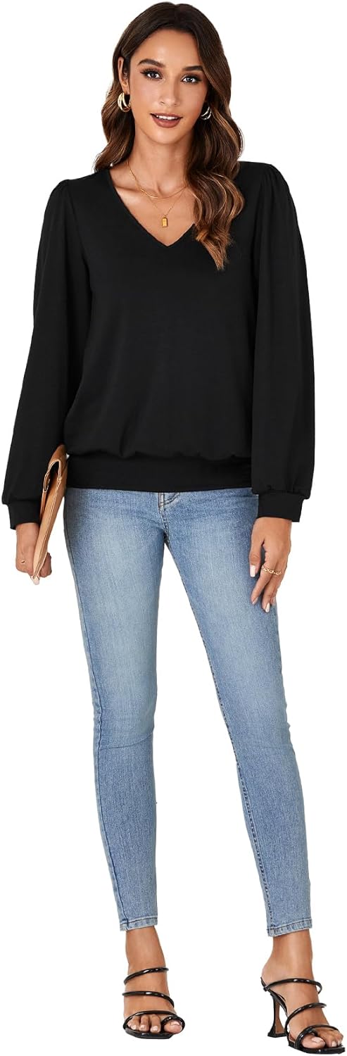 Vrtige Women's Casual Banded Bottom V Neck Puff Long Sleeve Tunic Top Blouse Shirt - Image 6