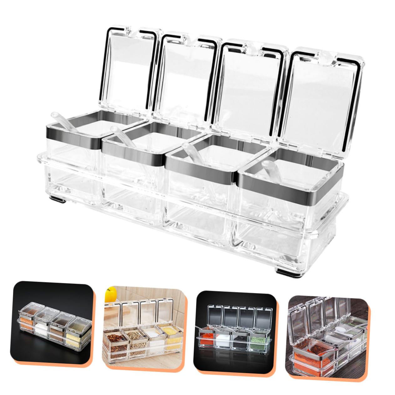 TEHAUX Gewürzbox aus Acryl Transparente Gewürztöpfe und Aufbewahrungsbehälter für Gewürze und Würzmittel mit Deckel und Schale für Einfache Organisation Bruchsicher und Leicht