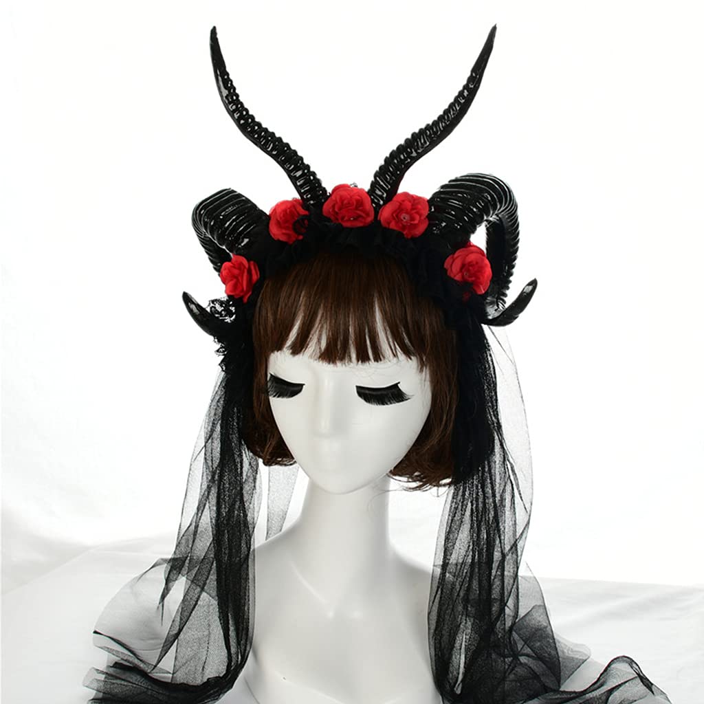 Cerchietto per capelli, da donna, in corno di pecora, in pizzo, con velo, fascia per capelli per feste di Halloween, Natale, accessori creativi per capelli