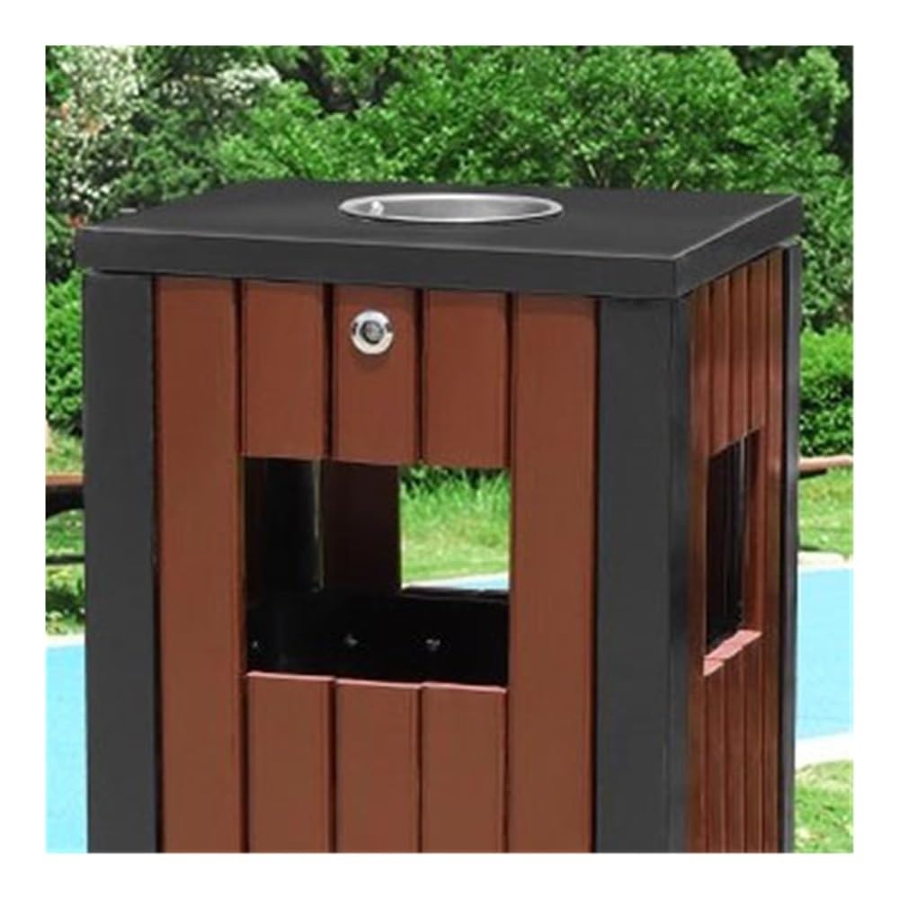 Outdoor Trash Can, Public Area with Ashtray Trash Can Metal and Wood Strip Rubbish Bin