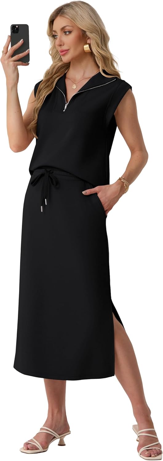 Lepunuo Women Skirt Sets 2 Piece Outfits Casual Half Zip Lapel Cap Sleeve Tops Split Maxi Skirt Airport Travel Outfits - Image 3