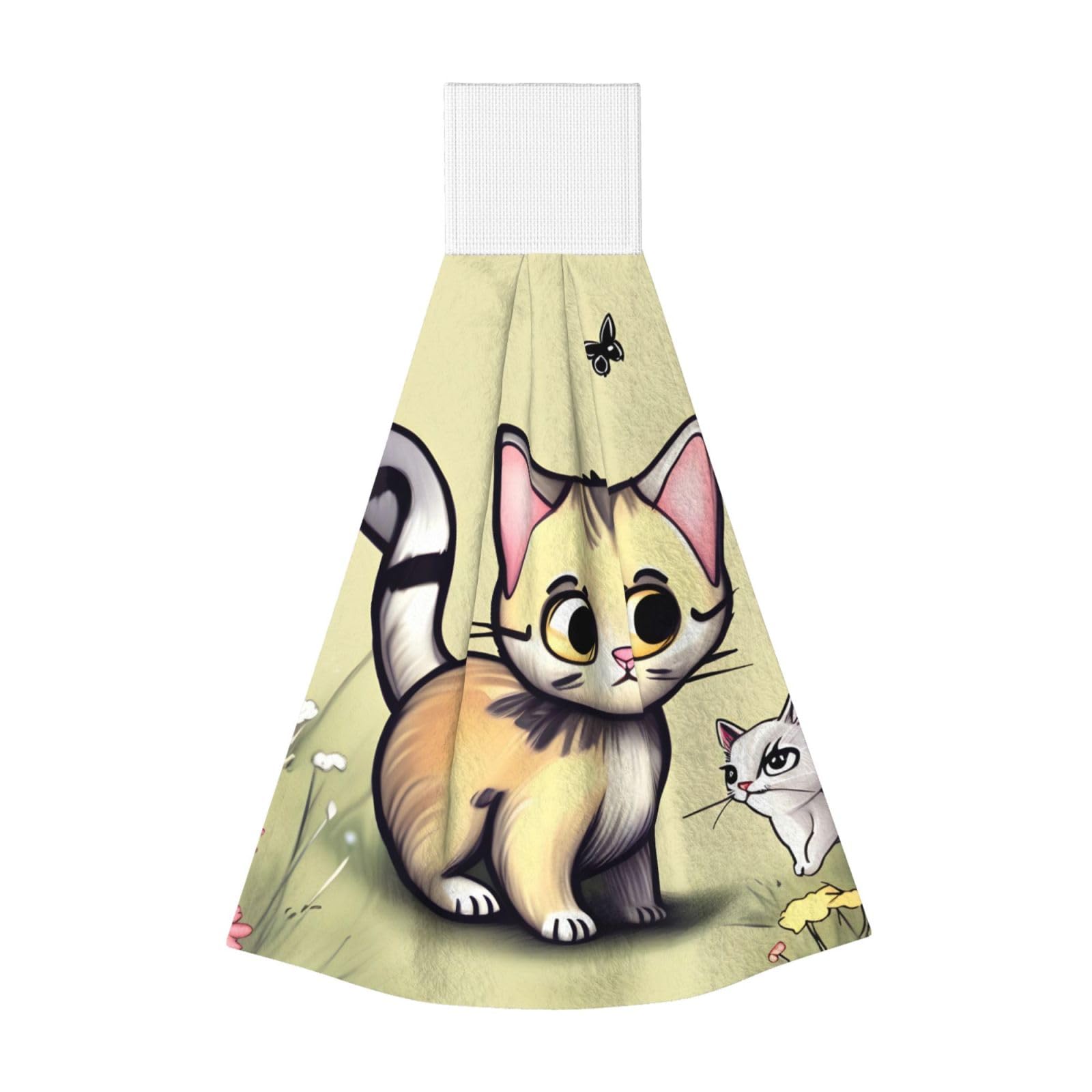 WUPngg Cat and Butterfly Bathroom Tie Towels/Dish Cloth,Kitchen Hanging Towel, Coral Fleece Dry Cleaning Hand Dishcloths One Size