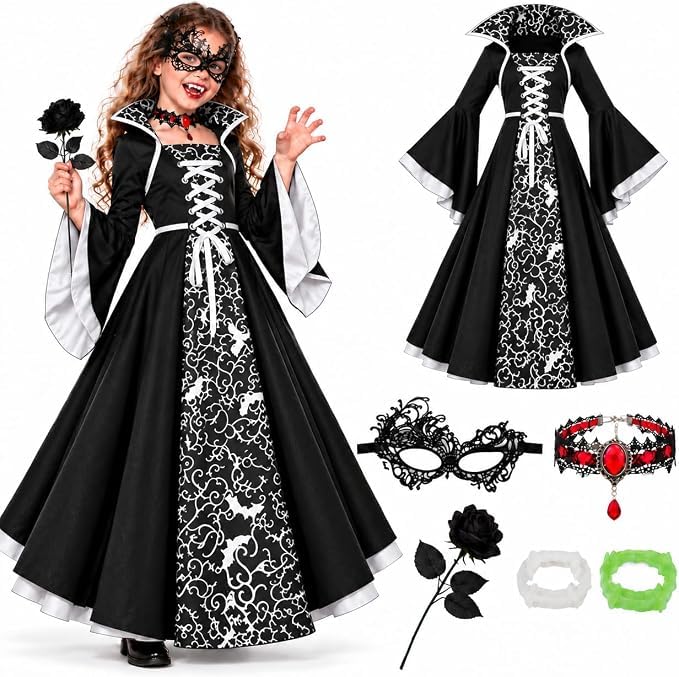 Girls Vampire Costume Set - Black/Red Halloween Dress with Mask & Fangss — image 1