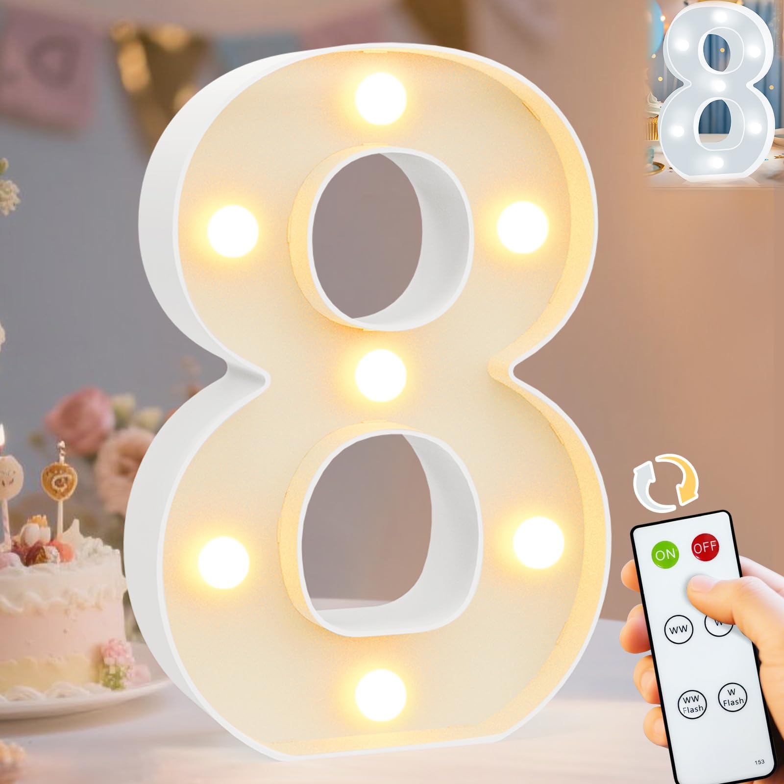 Pooqla LED Light Up Numbers, Marquee Number with Remote for 8th Birthday Decoration, Lighted Numbers Gift for Boys Girls Party Backdrop Wedding Anniversary Decor, Warm White and Cool White Number 8