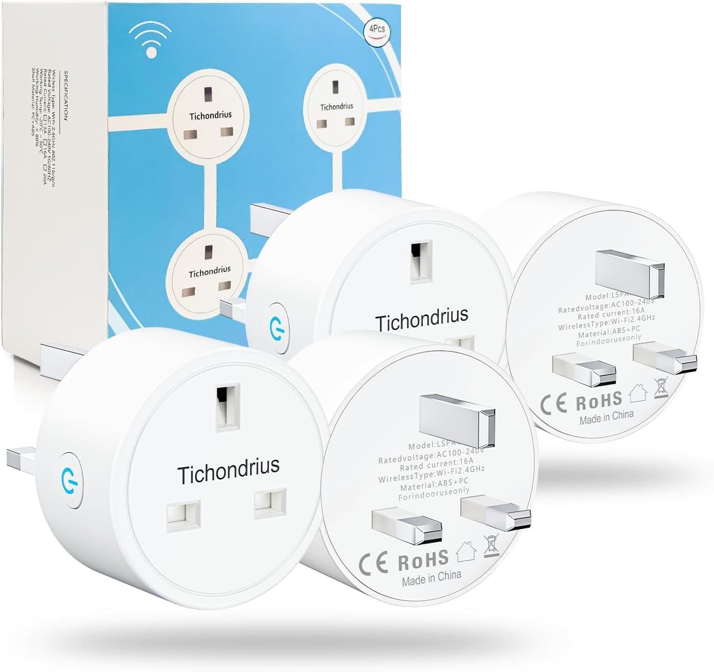 WiFi Smart Plug, 4 Pack 16A Smart Outlet Plug Socket Compatible with Alexa, Mini Socket with Remote Control & Voice Control with Electricity Statistics Timer Function, No Hub Required