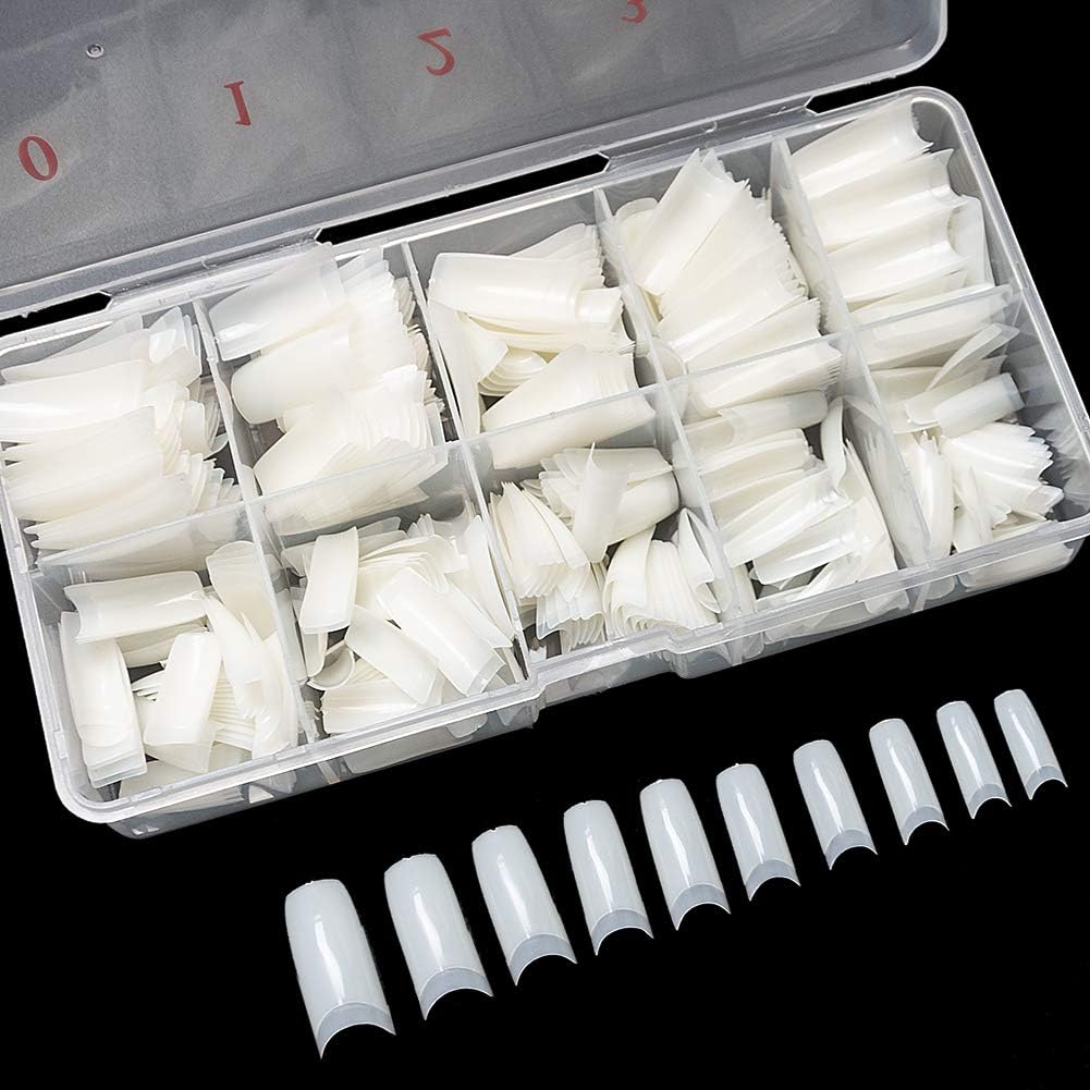 krofaue 500PCS Soft Gel False Nails Tips - Half Cover Acrylic Nail Tips 10 Sizes Lady French Style Acrylic Artificial Tip Manicure with Box for Nail Tips Art Salons and Home DIY