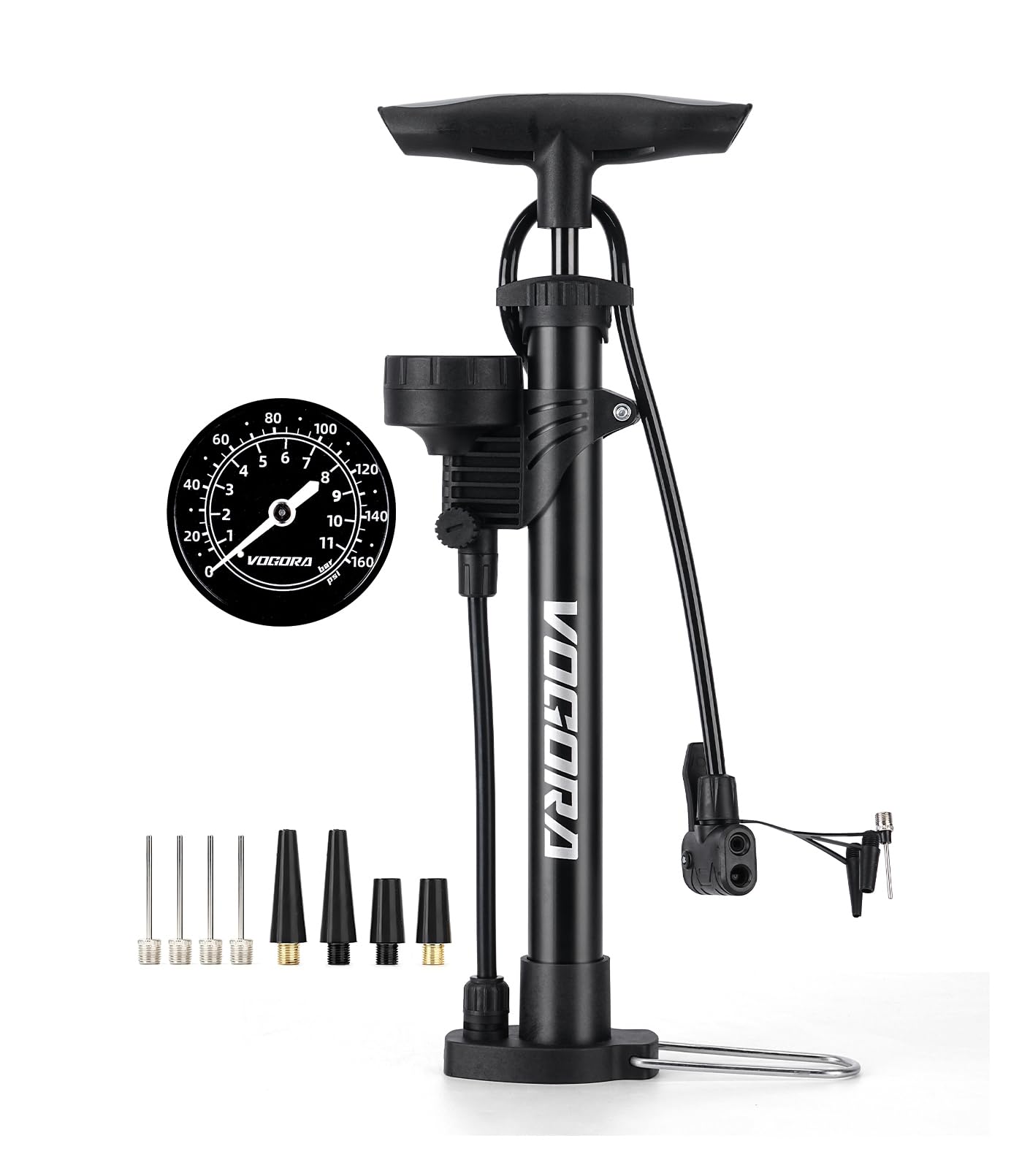 VOGORA Fahrradpumpe mit Manometer Oben, Fahrradpumpe mit Presta & Schrader Ventilen für alle Fahrräder, Präzisions-Manometer 160PSI & langlebiges Material Fußpumpe für Reifen