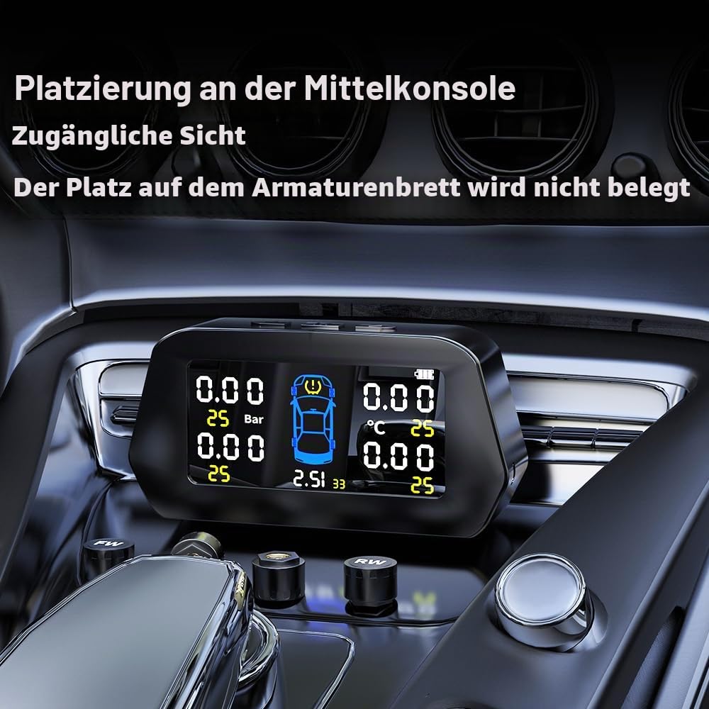 Smart Solar TPMS Reifendruckkontrollsystem Werkzeuge Reifenschutz Druckmonitor USB/Solarladung 6 Alarmmodi, Auto Schlafmodus, Reifenpositionsaustausch, 5 TPMS Sensoren (0-116PSI)