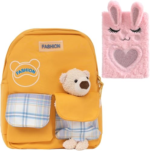 Juego de mochila para niños pequeños con cuaderno de peluche de oso y conejo, paquete de aventuras y recuerdos para niños de 6 a 10 años, Amarillo,