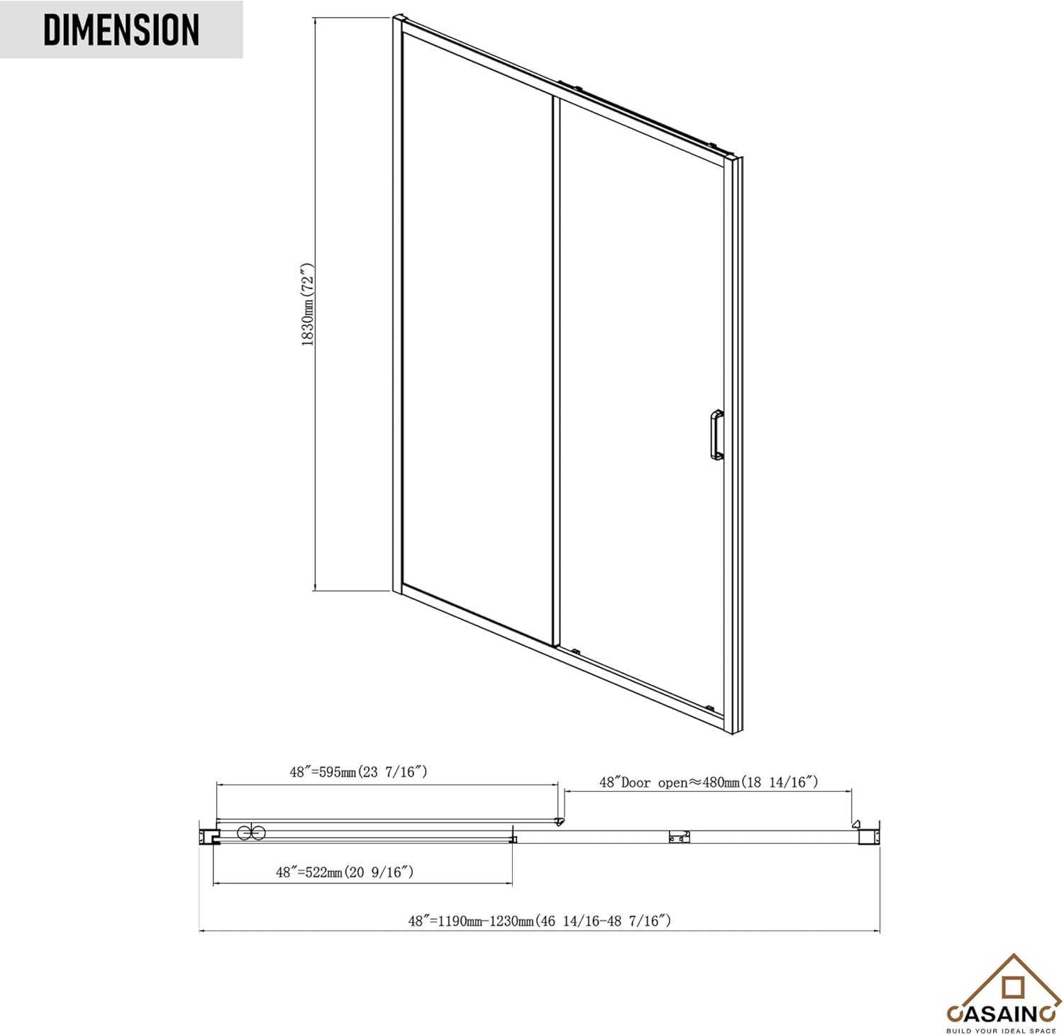 Desen tehnic care prezintă dimensiunile ușii de duș CASAINC, inclusiv lățimea, înălțimea și măsurătorile deschiderii.