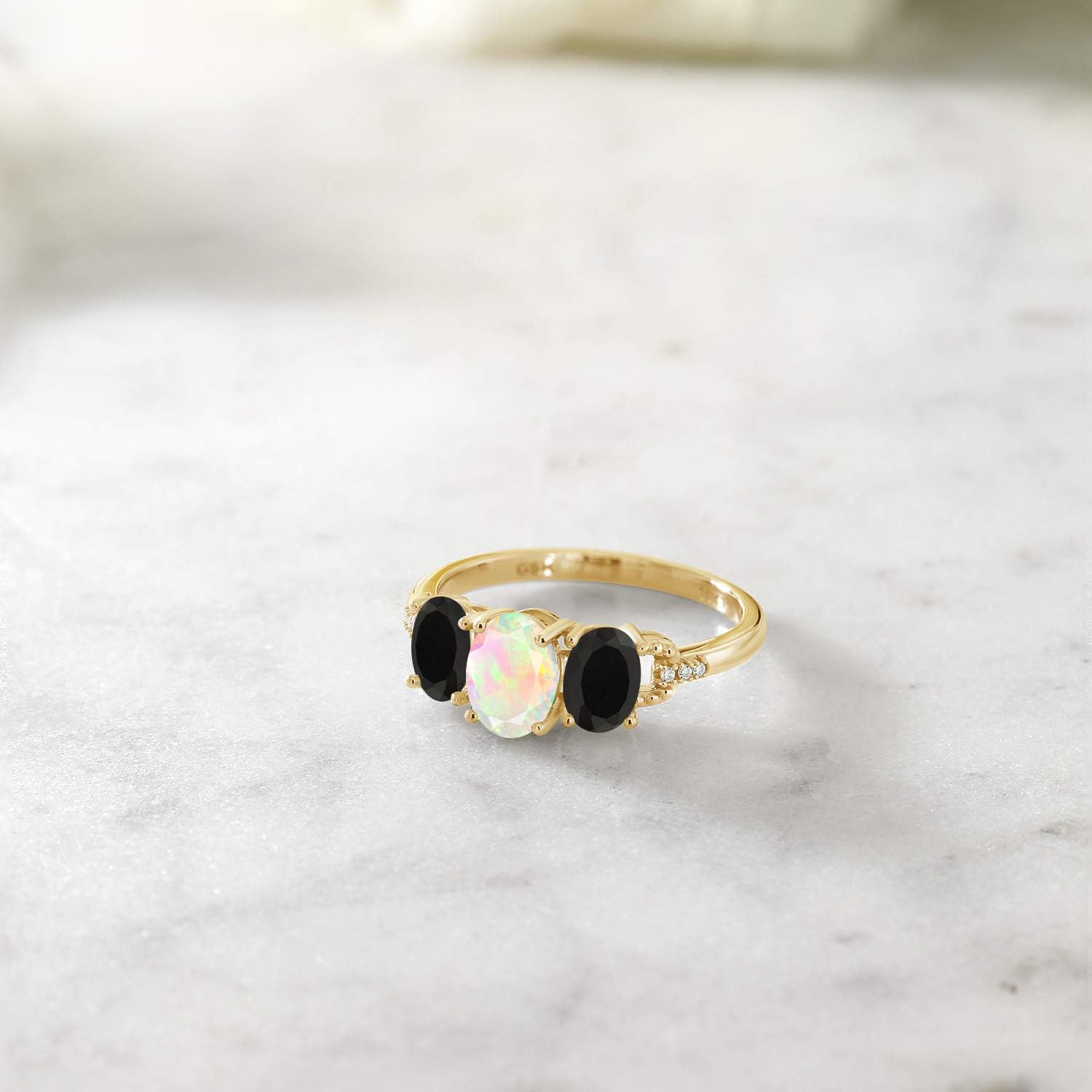 Gem Stone King 10K Yellow Gold Oval White Ethiopian Opal and Black Onyx 3-Stone Engagement Ring For Women | 1.30 Cttw | Gemstone Birthstone | Wedding Engagement Anniversary Promise Ring
