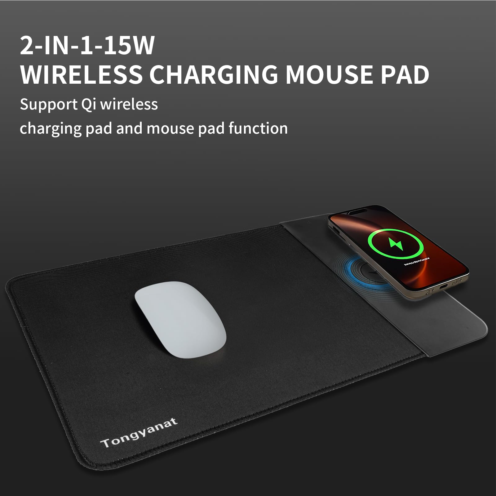 Tappetino per mouse con ricarica wireless da 15 W, tappetino da scrivania 2 in 1 con base in gomma antiscivolo, caricabatterie wireless Qi veloce per iPhone/computer/dispositivi di ricarica domestica