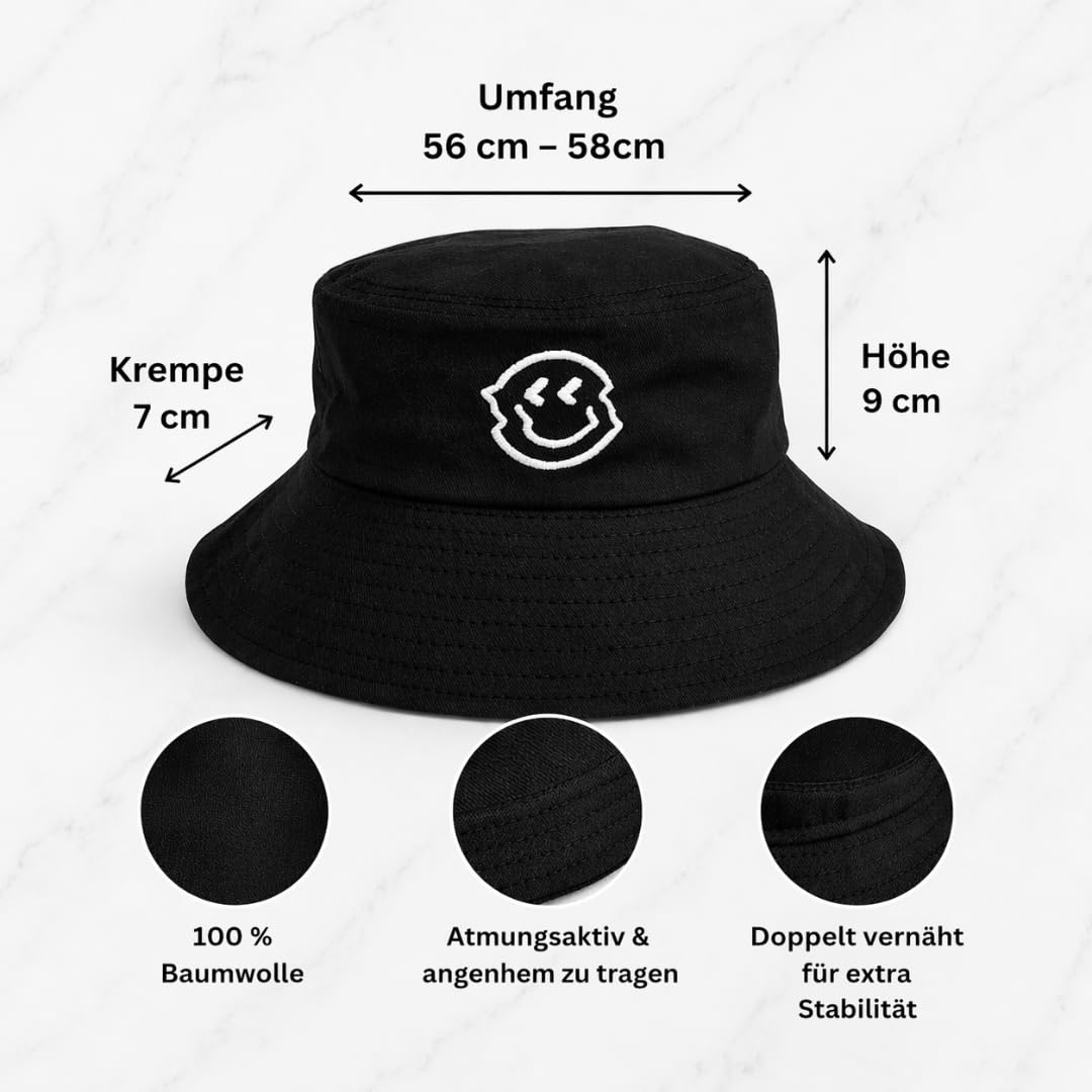 Cappello da pescatore unisex nero – Glow in Dark – Si illumina al buio – 100% cotone – Festival EDM – Rave – Club – Techno Accessori Abbigliamento Uomo Donna – Clubwear – Cappello da sole Atumgsaktiv