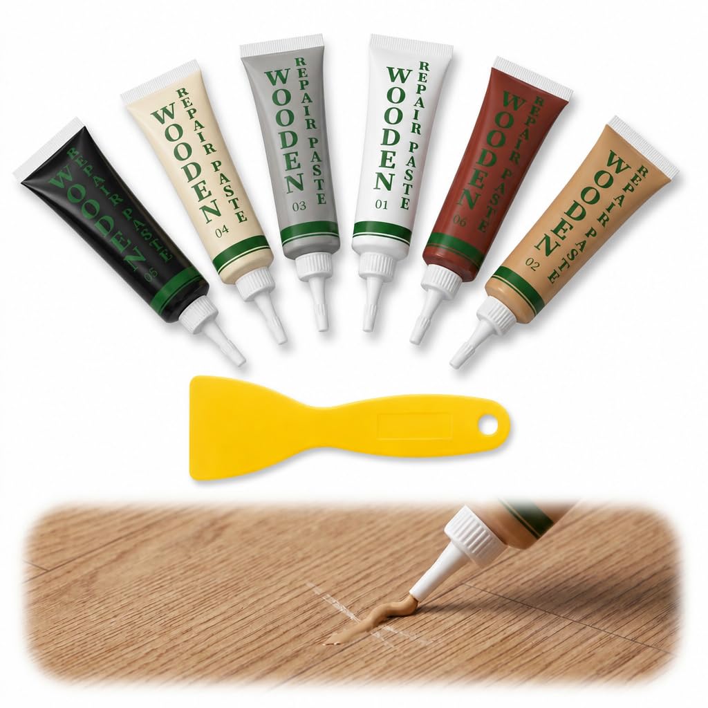Wood Furniture Repair Kit 6 Colours with Scraper, Wood Repair Paste for Scratches, Cracks and Holes, Touch Up Filler for Cabinets, Tables, Doors, Wooden Floors and Laminate Surfaces