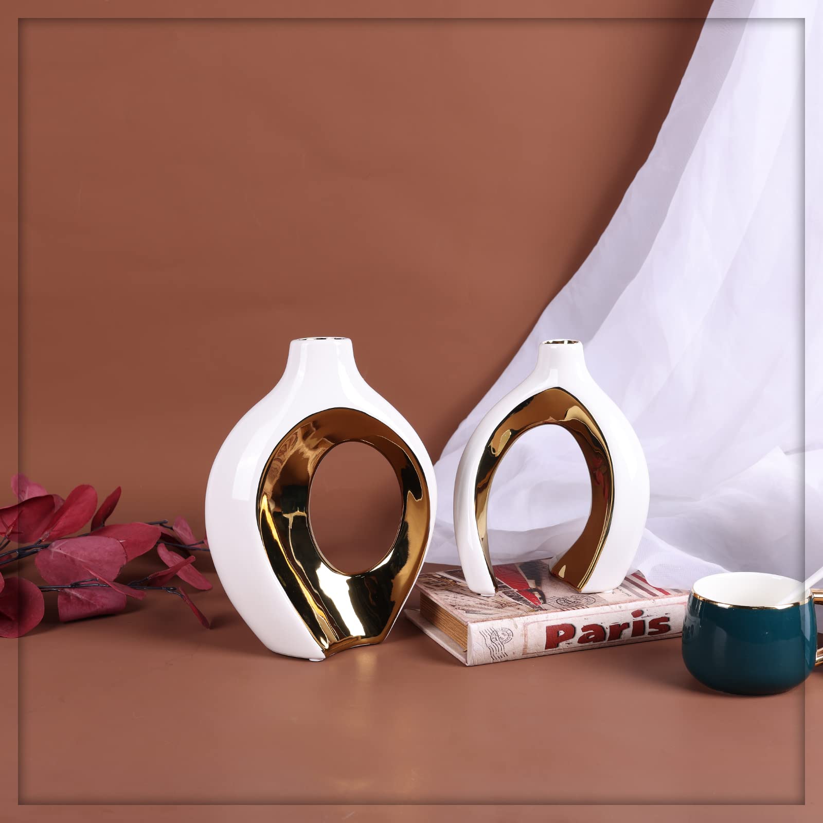 keramische Vase Dekor 2pcs Set, moderne böhmische Dekoration, Weiß und Gold skandinavischen minimalistischen Stil Raumdekoration, geeignet für Tisch Centerpiece, Bücherregal, Home Decor(W+G)