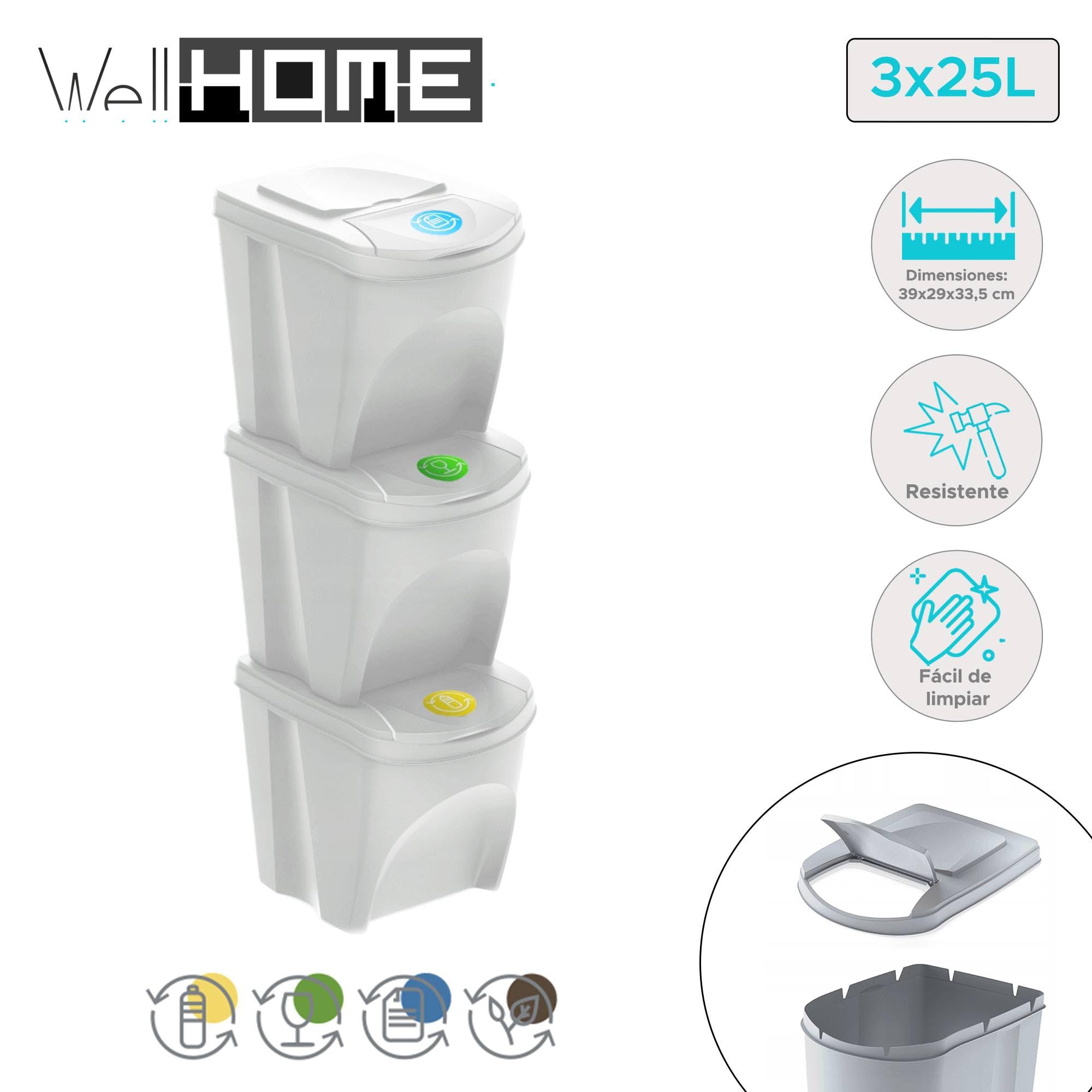 Set de 3 cubos de basura-papelera reciclaje, blanco roto, 3x 25L