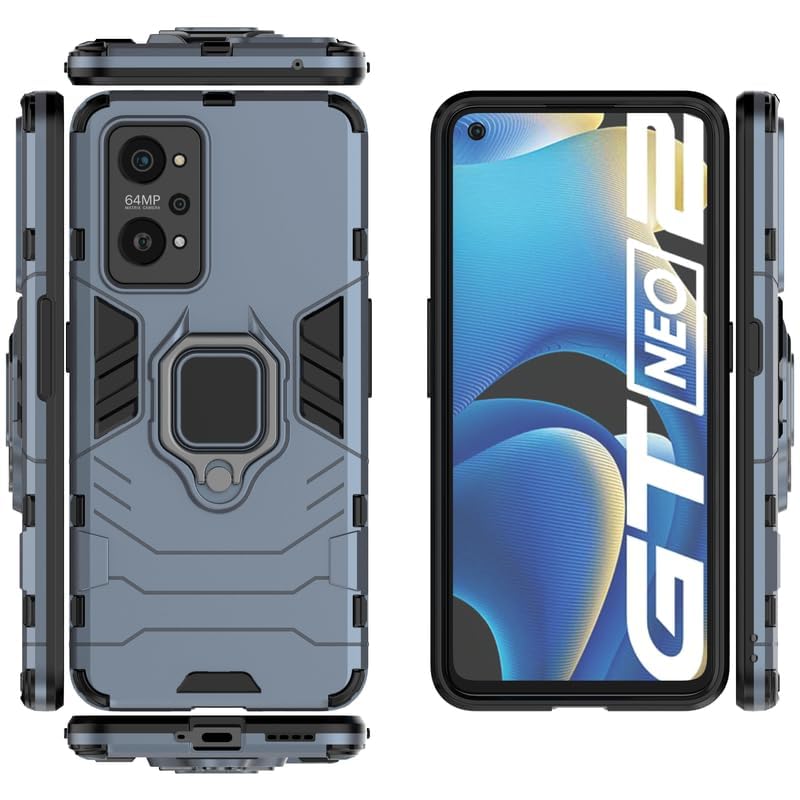 Image of The Little Shop Defender Back Case Cover for Realme GT 2 5G||Military Grade Armor || Rotating Ring Holder and Kickstand in Built || Shock Proof Case|Blue