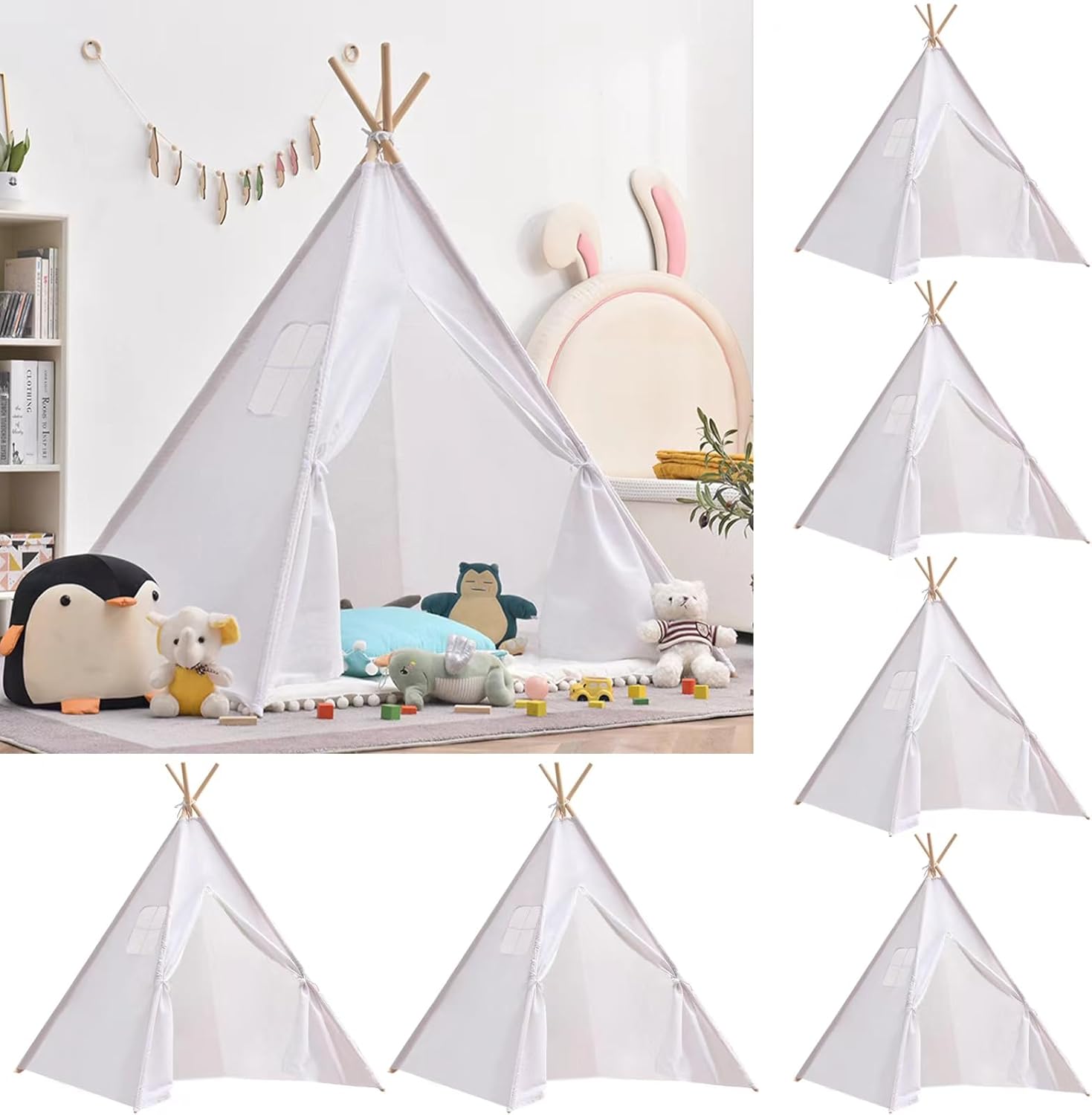 Wholelovein 6 PCS Kids Teepee Play Tent, Foldable Washable Tipi Tent Kids Boho Tent, Playhouse for Girls Boys Sleepovers Party Birthday Party (White)