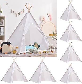 Wholelovein 6 PCS Kids Teepee Play Tent, Foldable Washable Tipi Tent Kids Boho Tent, Playhouse for Girls Boys Sleepovers Party Birthday Party White