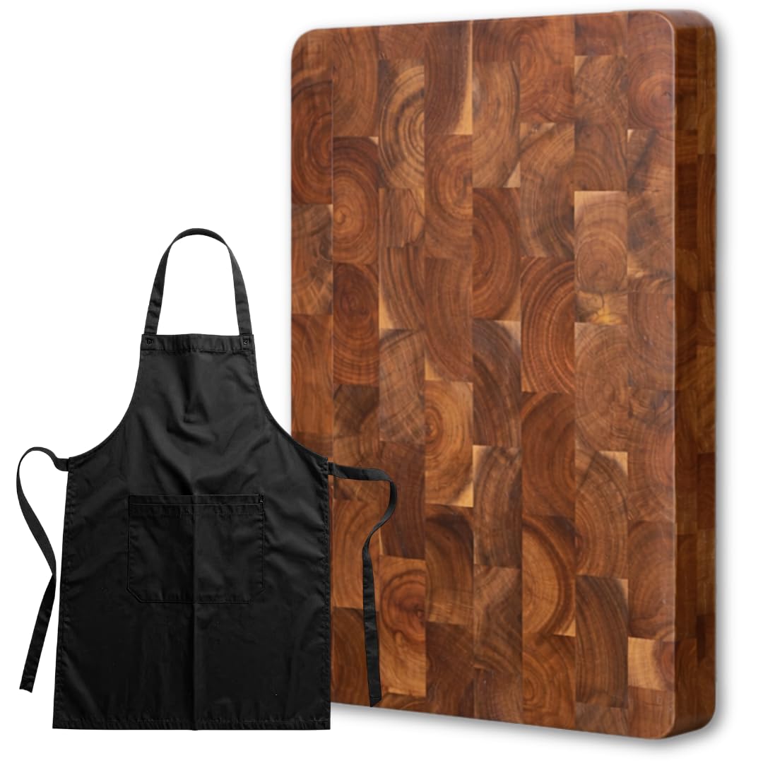 Tabla de Cortar de Madera de Acacia Profesional 36x24x3 cm | Antibacteriana y Resistente | Tabla de Cocina Premium con Asas Laterales | Incluye Delantal Profesional Negro