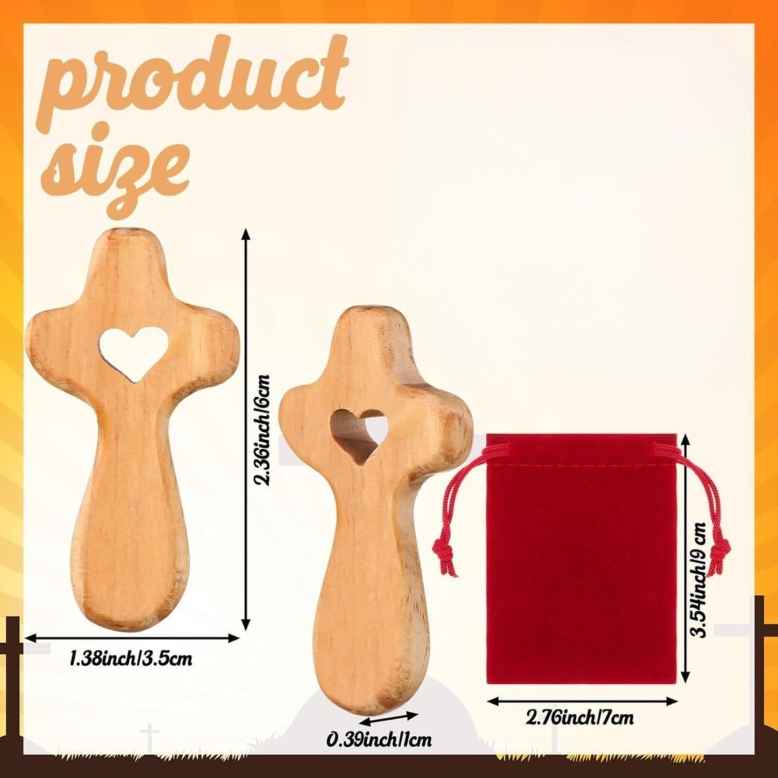 Set mit 10 handgeschnitzten Olivenholz-Taschenkreuzen mit Herzform und Samtbeutel, 3,5 cm, Andenken für Taufe, Kommunion oder Gebetsgeschenk