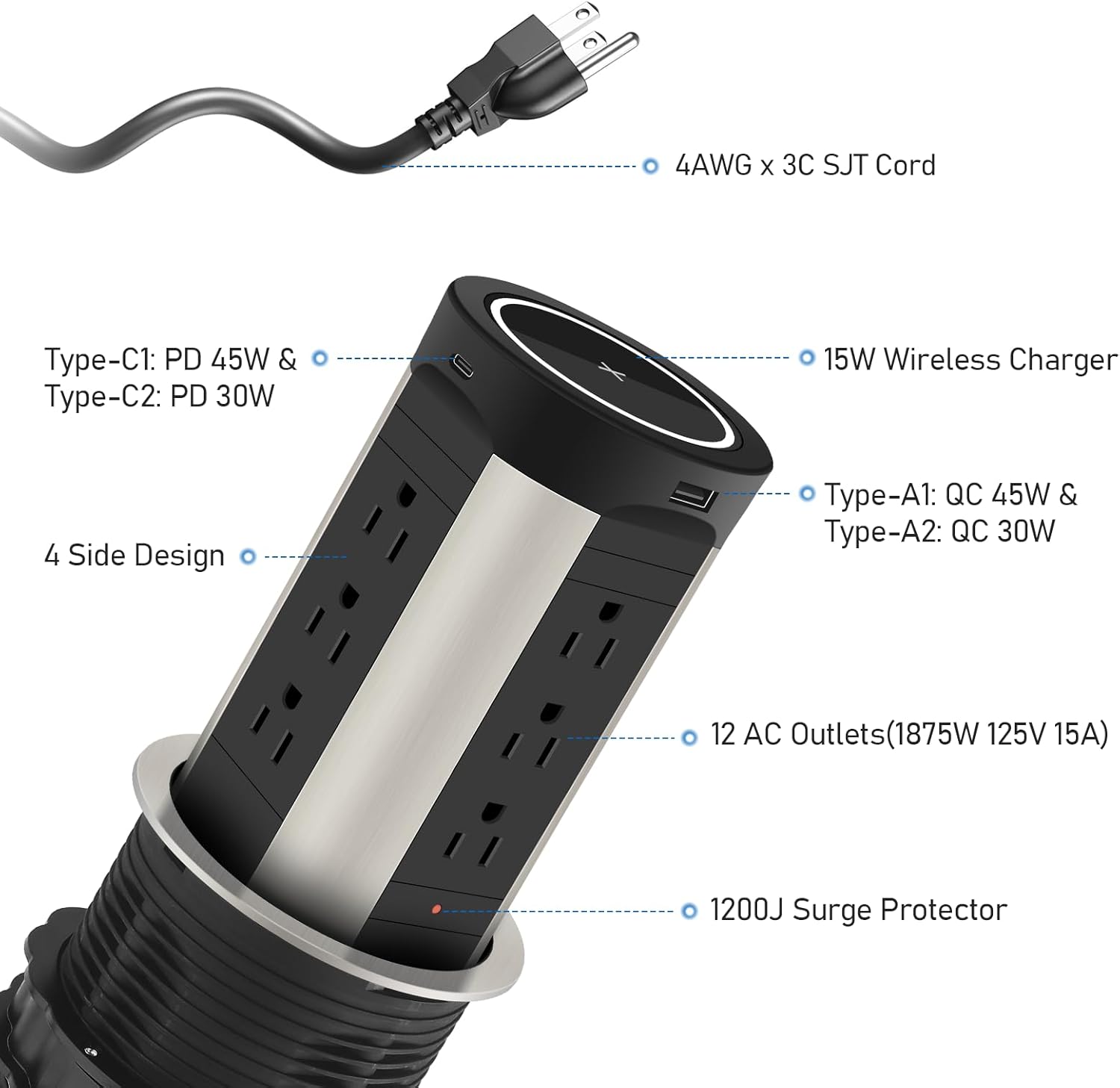 ANNQUAN 4" Pop Up Receptacle Countertop Outlet,75W Power Delivery,Total 90W Pop Up Outlet with 15W Wireless Charger,12 Outlets,4 USB,1200J Black