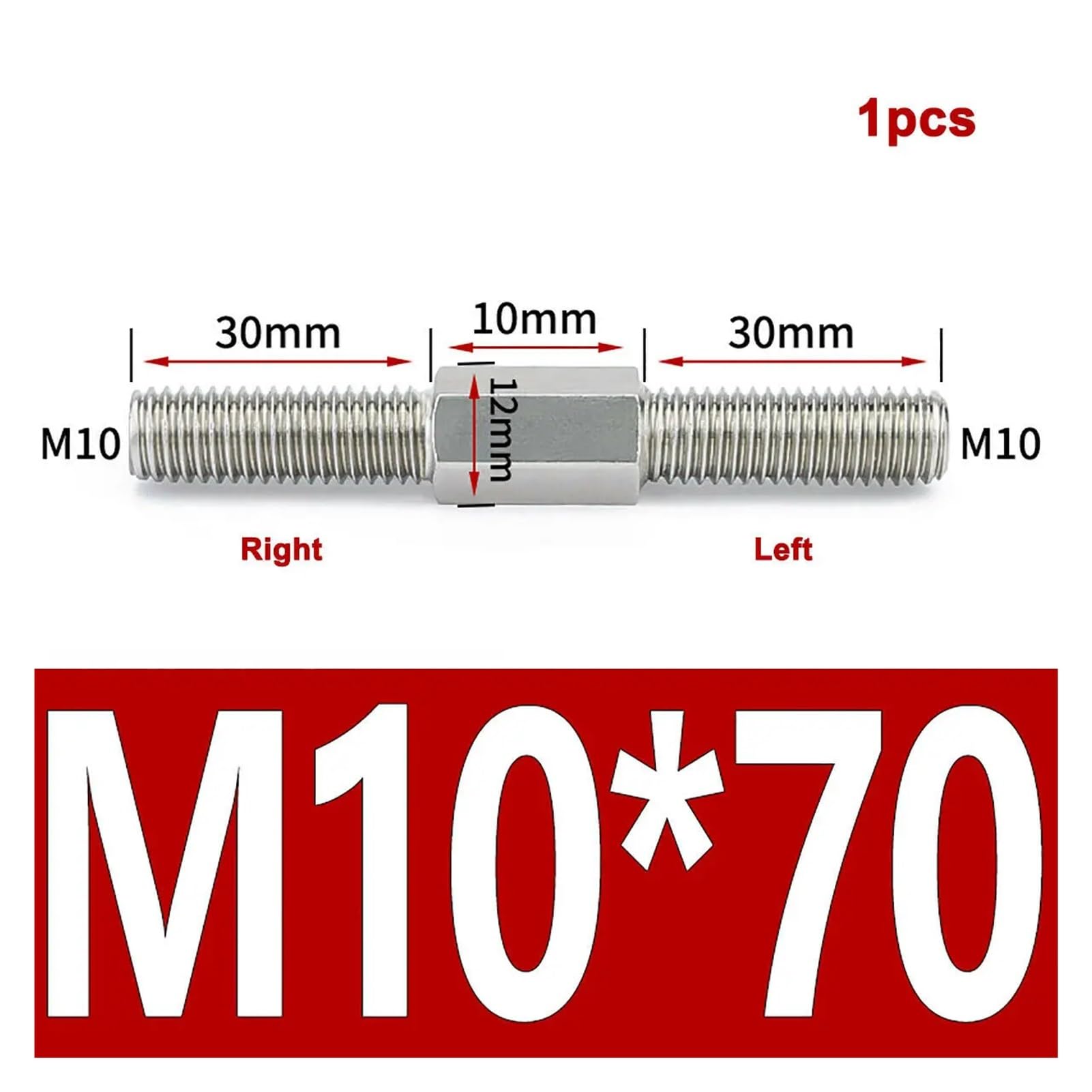 TULDYS WALENI M10 Rosca Izquierda y Derecha Rosca de Doble Extremo Varilla Rosca Positiva y Negativa Pernos de Barra Tornillo Tornillo Acero Inoxidable 304(M10x70mm-2pcs)