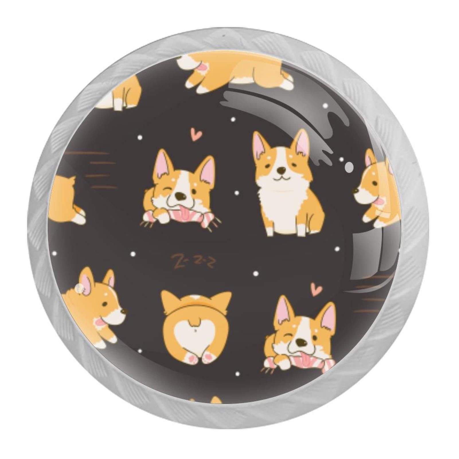 Tqmspg 4 Pieces Drawer Pulls Cute Corgi Dog Pattern Door Knobs Dresser Handles for Kitchen Wardrobe Cupboard Hardware Furniture