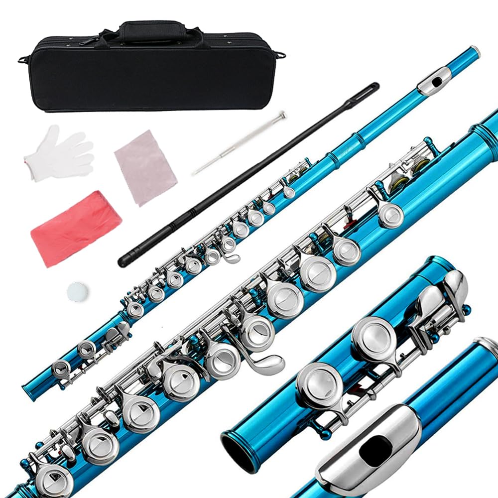 16 Key Closed Hole C Flute - Student Flute for Beginners,Easy to Play with Durable Design, Includes Carrying Case, Cleaning Kit, Gloves, Perfect for Learning(Sea Blue)