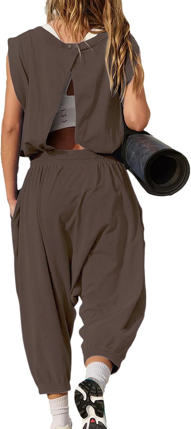 Women's Athletic One Piece Jumpsuit,Sleeveless Open Back Yoga Romper with Pockets,Jogger Tracksuit for Gym,Running