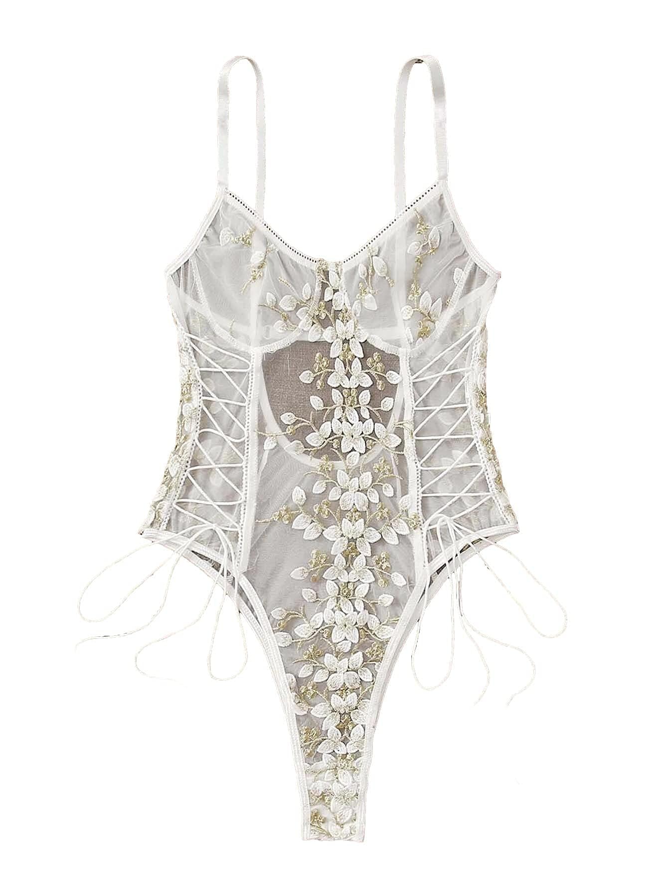 Lilosy Women Sexy Lace Up Floral Embroidered Teddy Lingerie Bodysuit Top Mesh Sheer One Piece: Small White